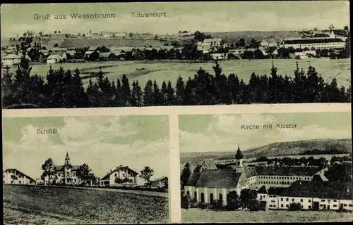 Ak Wessobrunn in Oberbayern, Totalansicht, Schlössl, Kirche, Kloster