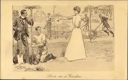 Präge Künstler Ak Gibson, Dana, Love in a Garden, Gärtner, Frau gibt Anweisungen