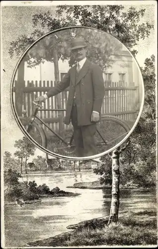 Passepartout Ak Mann mit Fahrrad, Hut