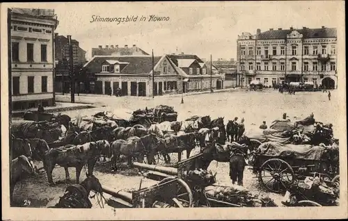 Ak Kaunas Kowno Kauen Litauen, Deutsche Fuhrwerke auf dem Marktplatz, I. WK