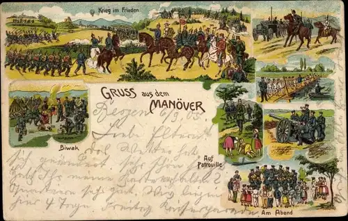 Litho Gruß aus dem Manöver, Krieg im Frieden, Biwak,  Patrouille, Am Abend, Pioniere, Brücke