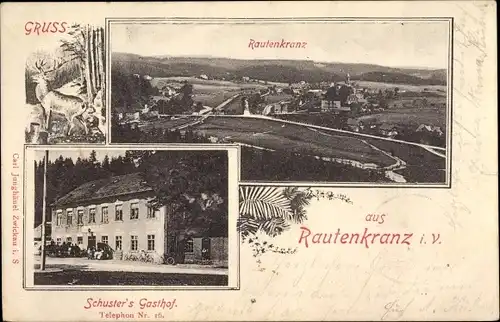 Ak Rautenkranz im Vogtland, Panorama, Schusters Gasthof