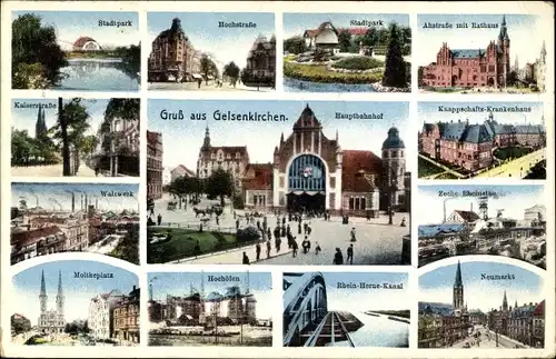 Ak Gelsenkirchen im Ruhrgebiet, Hauptbahnhof, Stadtpark, Moltkeplatz, Neumarkt, Walzwerk