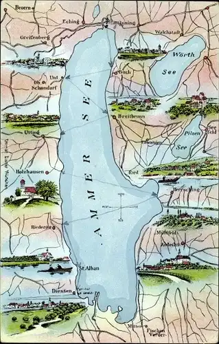 Landkarten Ak Utting am Ammersee, Holzhausen, Dießen, Andechs, Mühlfeld, Herrsching, Breitbrunn