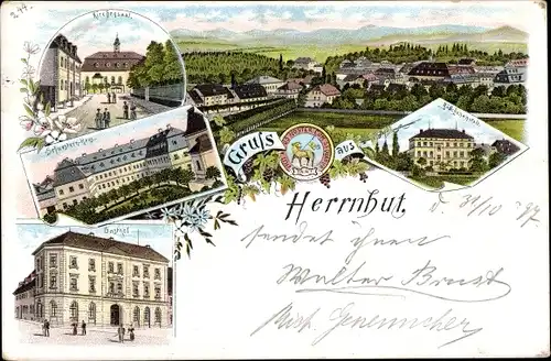 Litho Herrnhut in der Oberlausitz, Kirchensaal, Schwesternhaus, Mädchenanstalt