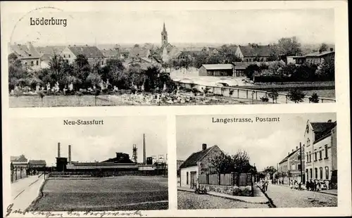 Ak Löderburg Staßfurt im Salzlandkreis, Panorama, Langestraße, Postamt, Neu Strassfurt