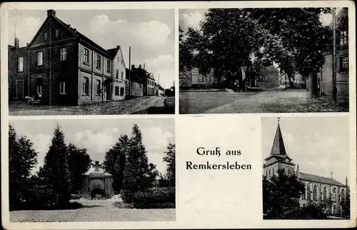 Ak Remkersleben Wanzleben Börde in Sachsen Anhalt, Kirche, Kriegerdenkmal, Straßenpartie