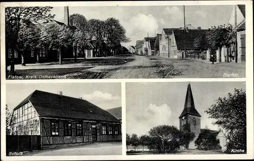 Ak Flatow Kremmen in der Mark, Dorfstraße, Schule, Kirche