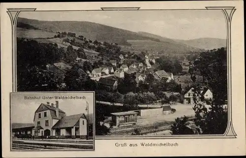 Passepartout Ak Waldmichelbach Wald Michelbach im Odenwald Hessen, Bahnhof Gleisseite, Panorama