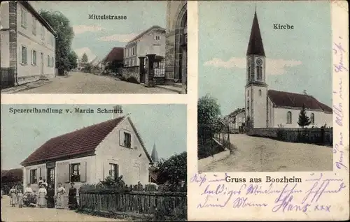 Ak Bootzheim Boozheim Bas-Rhin, Mittelstraße, Kirche, Spezereihandlung