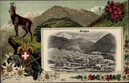Wappen Passepartout Ak Brigue Brig Glis Kanton Wallis, Gams, Alpenveilchen, Panorama, Wanderstock