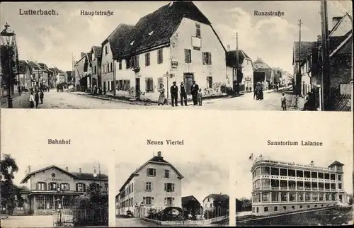 Ak Lutterbach Elsass Haut Rhin, Hauptstraße, Runzstraße, Bahnhof, Neues Viertel, Sanatorium Lalance