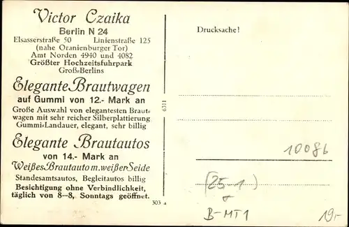 Ak Berlin Mitte, Brautwagen, Brautauto,Victor Czaika Elsasserstraße 50, Linienstraße 125