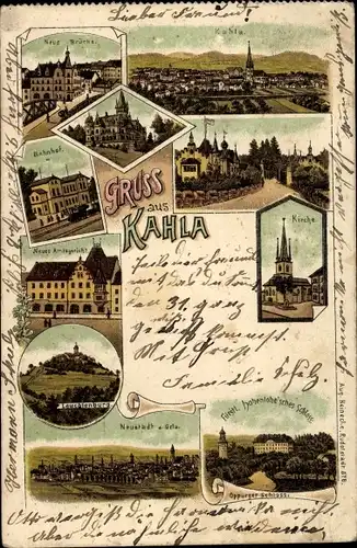 Litho Kahla im Saale Holzland Kreis Thüringen, Bahnhof, Amtsgericht, Schloss, Leuchtenburg, Brücke