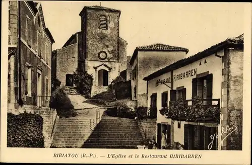Ak Biriatou Pyrénées Atlantiques, L'Eglise et le Restaurant Hiribarren