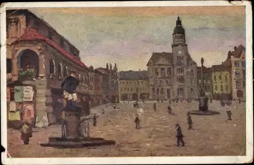 Künstler Ak Peliska, Alex J., Prostějov Proßnitz Region Olmütz, Platz, Rathaus