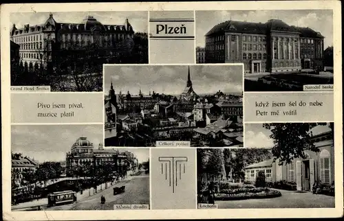 Ak Plzen Pilsen Stadt, Grand Hotel Smitka, Narodni banke, Lochotin, Straßenbahn