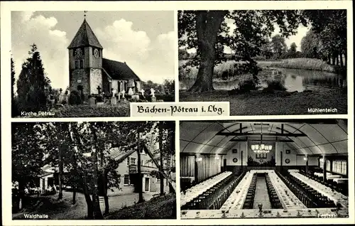 Ak Pötrau Büchen in Schleswig Holstein, Kirche, Mühlenteich, Waldhalle