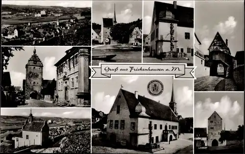 Ak Frickenhausen am Main Unterfranken, Teilansicht, Kirche, Tor, Rathaus