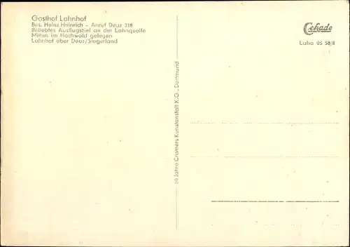 Ak Lahnhof Nenkersdorf Netphen in Westfalen, Gasthof u. Forsthaus, Bes. Heinz Heinrich, Lahnquelle