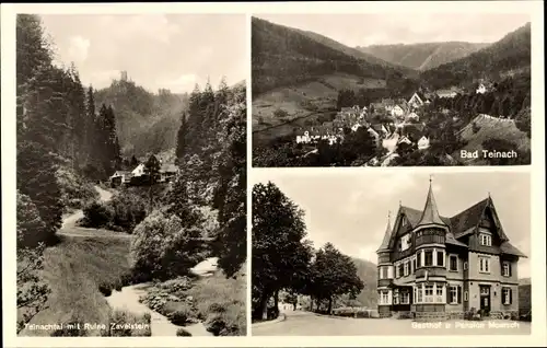 Ak Bad Teinach Zavelstein im Nordschwarzwald, Teinachtal mit Ruine, Gasthof und Pension Moersch, Ort