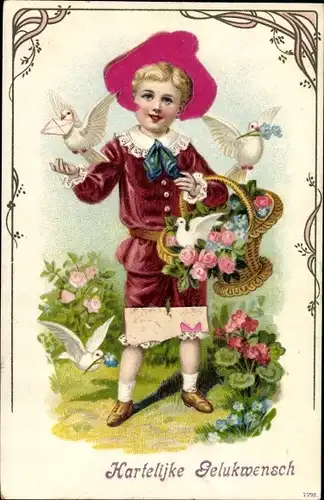 Ak Glückwunsch, Kind mit Blumenkorb, weiße Tauben