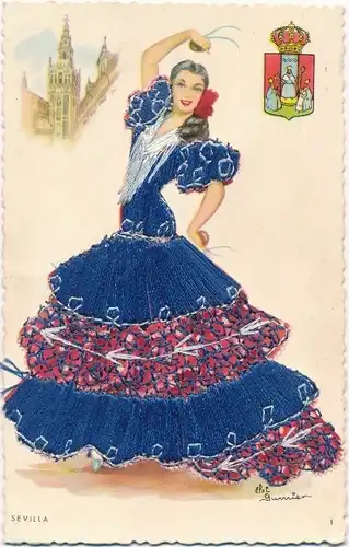 Stoff Ak Sevilla, Spanische Tracht, Frau im gestickten Kleid