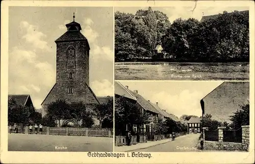 Ak Gebhardshagen Salzgitter in Niedersachsen, Kirche, Teich, Dorfstraße