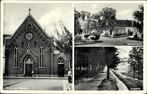 Ak Neersen Willich am Niederrhein, Kirche, Schlosseingang, Ortspartie