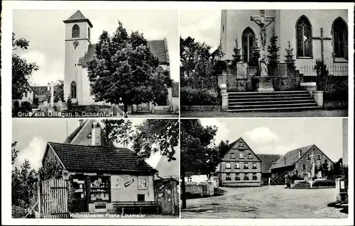 Ak Oellingen Gelchsheim in Unterfranken, Kirche, Kolonialwarenhandlung