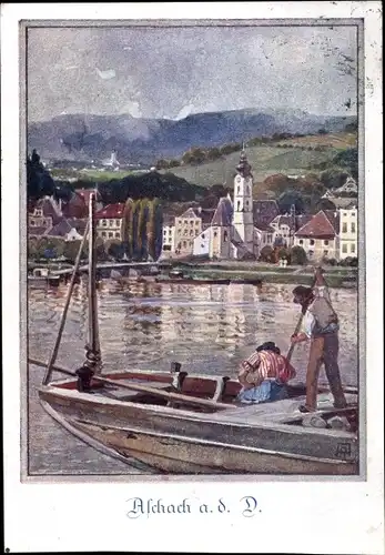 Künstler Ak Aschach an der Donau Oberösterreich, Partie an der Donau, Ruderboot
