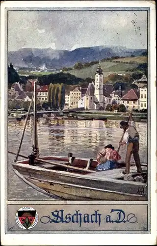 Künstler Ak Aschach an der Donau Oberösterreich, Partie an der Donau, Ruderboot, Wappen