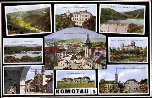Ak Chomutov Komotau Region Aussig, Bezirkskrankenhaus, Marktplatz, Evangelische Kirche
