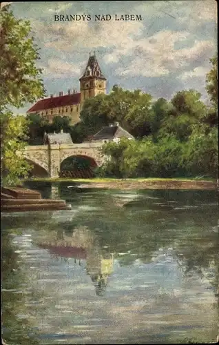 Künstler Ak Brandýs nad Labem Brandeis an der Elbe Mittelböhmen, Schloss, Teich, Brücke