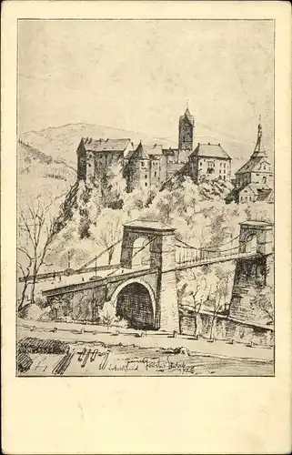 Künstler Ak Loket Elbogen Region Königgrätz, Blick auf den Ort, Brücke, Burg