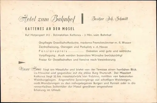 Ak Kattenes Löf an der Mosel, Bäckerhännes, Hotel zum Bahnhof, innen und aussen, Ort, Umgebung