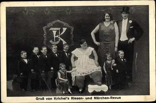 Ak Gruß von Krichel's Riesen und Märchenrevue, Liliputaner, Riesen, dicke Frau