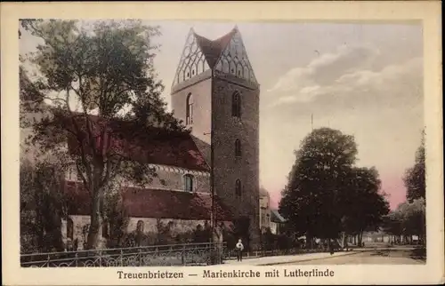 Ak Treuenbrietzen in Brandenburg, Marienkirche mit Lutherlinde