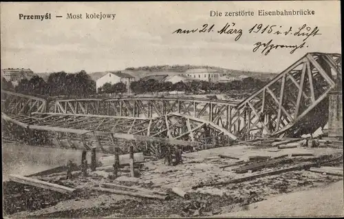 Ak Przemyśl Polen, Most kolejowy, Die zerstörte Eisenbahnbrücke, I.WK