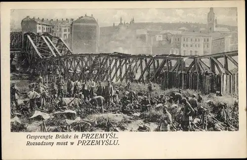 Ak Przemyśl Polen, Gesprengte Brücke, Rozsadzony most, I.WK