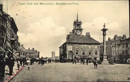 Ak Stockton on Tees Durham England, Town Hall and Monument