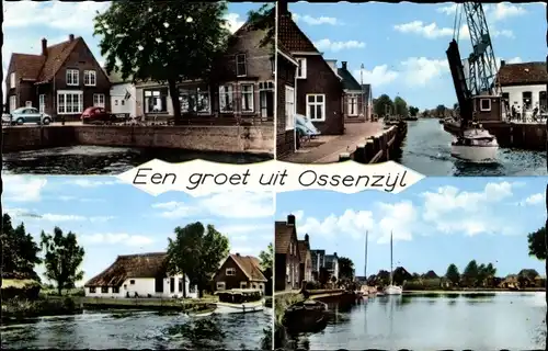 Ak Ossenzijl Overijssel, Flusspartie, Motorboot, Brücke