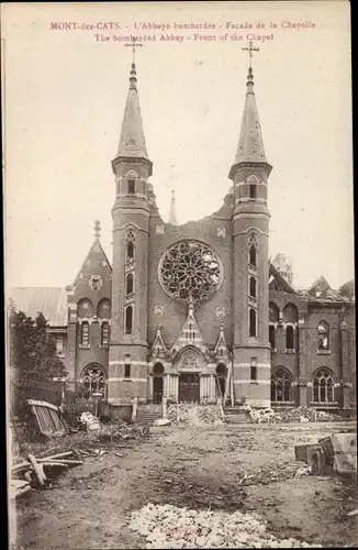 Ak Godewaersvelde Nord, Mont des Cats, L'Abbaye bombardee, Facade de la Chapelle