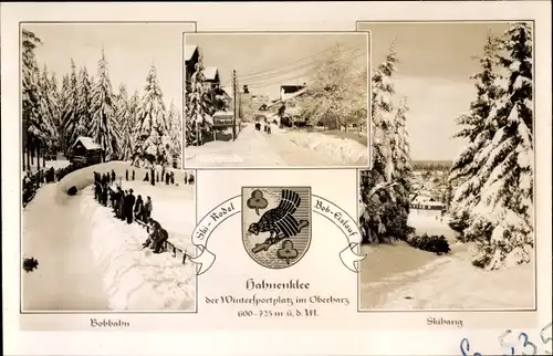 Ak Hahnenklee Bockswiese Goslar im Harz, Hauptstraße, Skihang, Bobbahn, Wappen