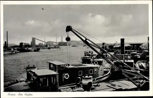 Ak Herne Westfalen, liegende Dampfer im Hafen, Kran