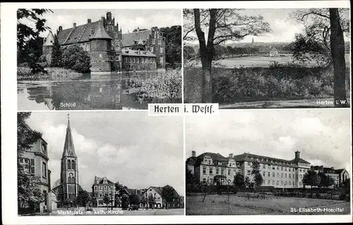 Ak Herten Westfalen, St. Elisabeth Hospital, Schloss, Marktplatz, Kirche