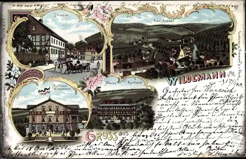 Litho Wildemann Clausthal Zellerfeld im Oberharz, Kurhaus, Bahnhof, Straße