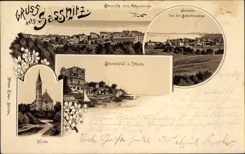 Litho Sassnitz auf Rügen, Strandhotel, Utkieck, Kirche, Blick auf den Ort