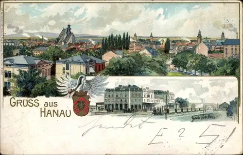 Künstler Wappen Litho Fischer, G., Hanau am Main, Totale, Bahnhof, Gleisseite