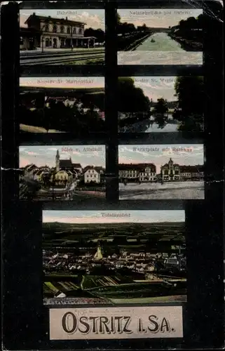 Ak Ostritz in der Oberlausitz, Marktplatz, Rathaus, Kloster St. Marienthal, Bahnhof, Gleisseite